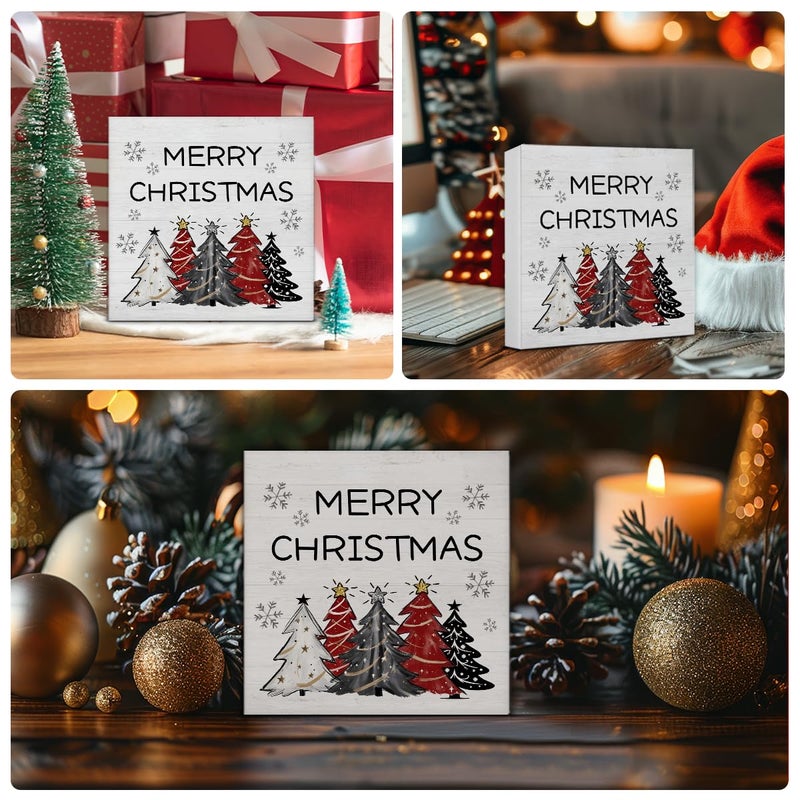 Zauly Farmhouse Christmas Decorations, Merry Christmas Decor Sign, Christmas Trees Snowflake Wood Sign Rustic Home Table Desk Decor (5 x 5 Inches) - Image 3